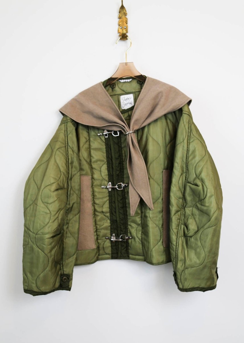 Green Quilted Coat Fireman Clasps and Canvas Scarf (Reworked) - Made X Hudson