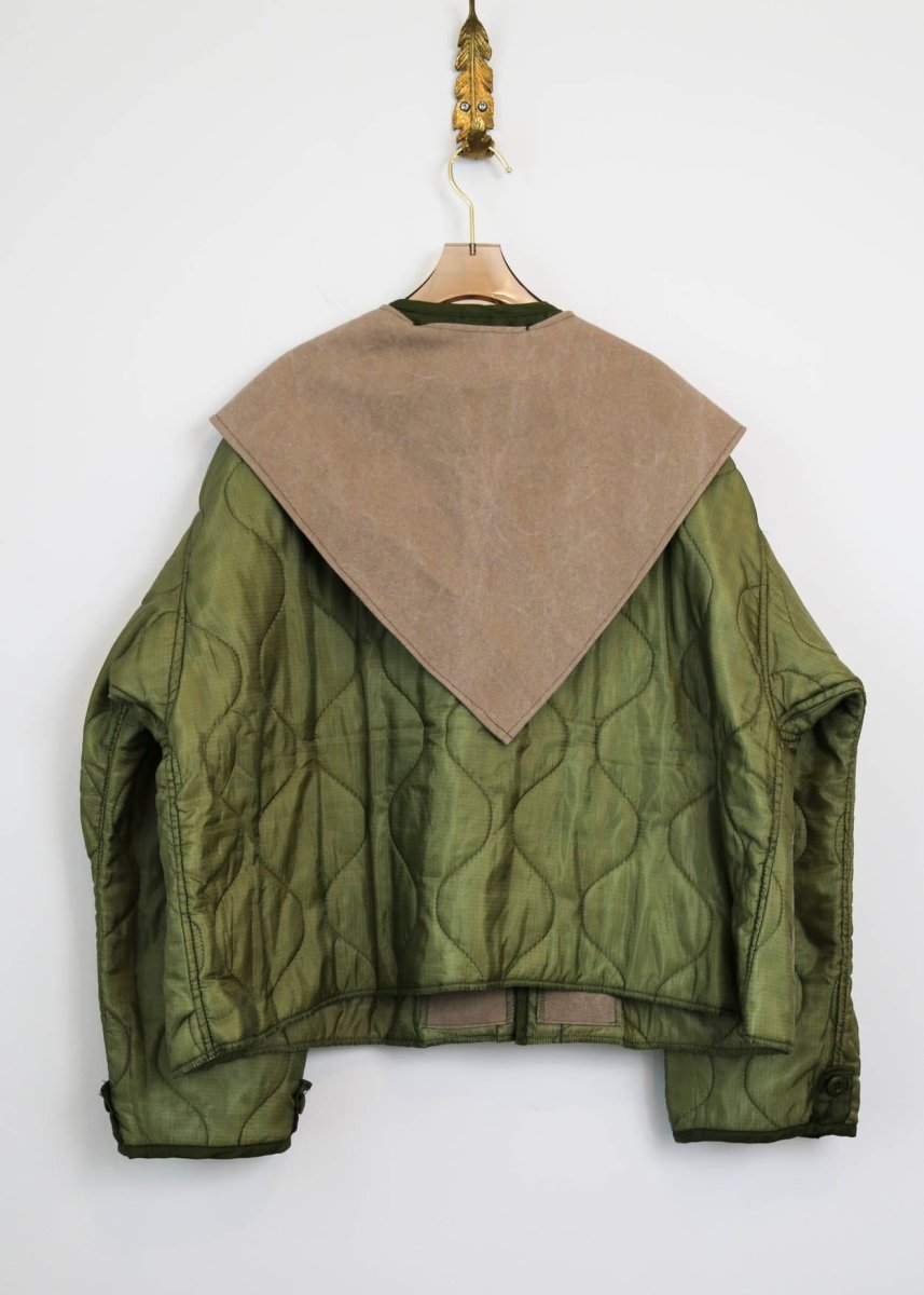 Green Quilted Coat Fireman Clasps and Canvas Scarf (Reworked) - Made X Hudson