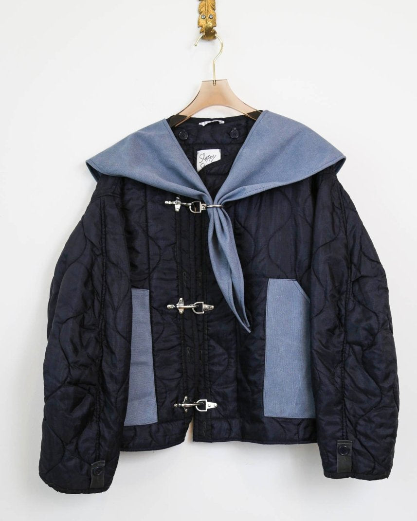 Navy Quilted Coat Fireman Clasps and Canvas Blue Scarf (Reworked) - Made X Hudson