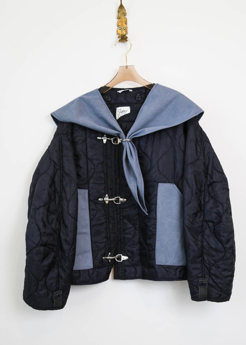 Navy Quilted Coat Fireman Clasps and Canvas Blue Scarf (Reworked) - Made X Hudson