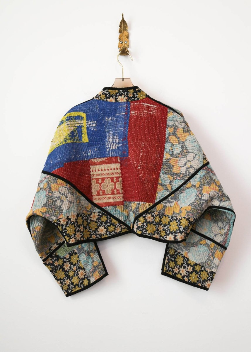 Reversible Kaira Quilted Cropped Jacket in Colors Antique Floral Patchwork & Soft Pink and Gold Flower - Made X Hudson
