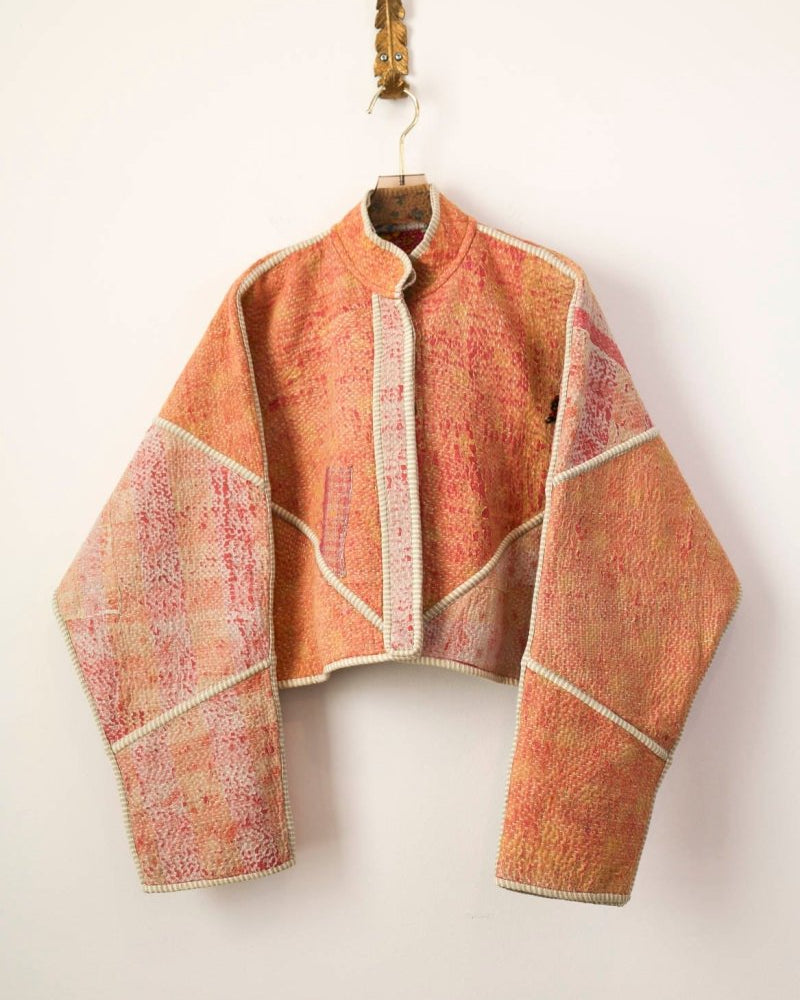 Reversible Kaira Quilted Cropped Jacket in Colors Apricot, Peach and Soft Celadon & Flower Field Patchwork - Made X Hudson