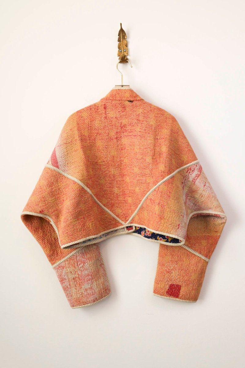 Reversible Kaira Quilted Cropped Jacket in Colors Apricot, Peach and Soft Celadon & Flower Field Patchwork - Made X Hudson