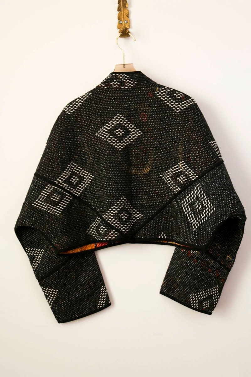 Reversible Kaira Quilted Cropped Jacket in Colors Charred Black, White, and Gold & Golden Rose Pattern - Made X Hudson