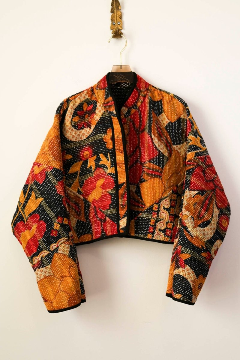 Reversible Kaira Quilted Cropped Jacket in Colors Charred Black, White, and Gold & Golden Rose Pattern - Made X Hudson