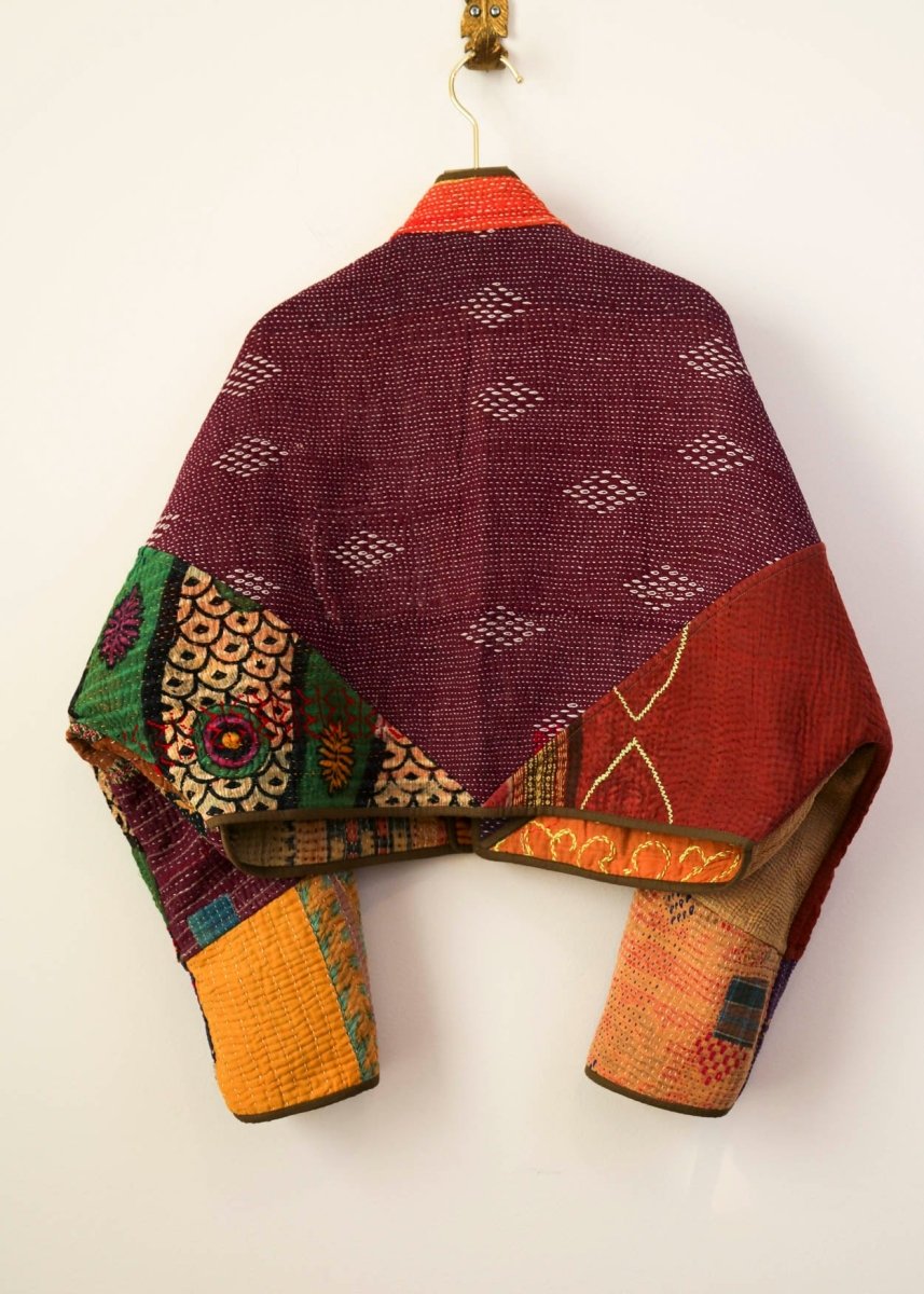 Reversible Kaira Quilted Cropped Jacket in Colors Sunrise Yellow, Clay, and Green & Wine, Orange, and Blue - Made X Hudson