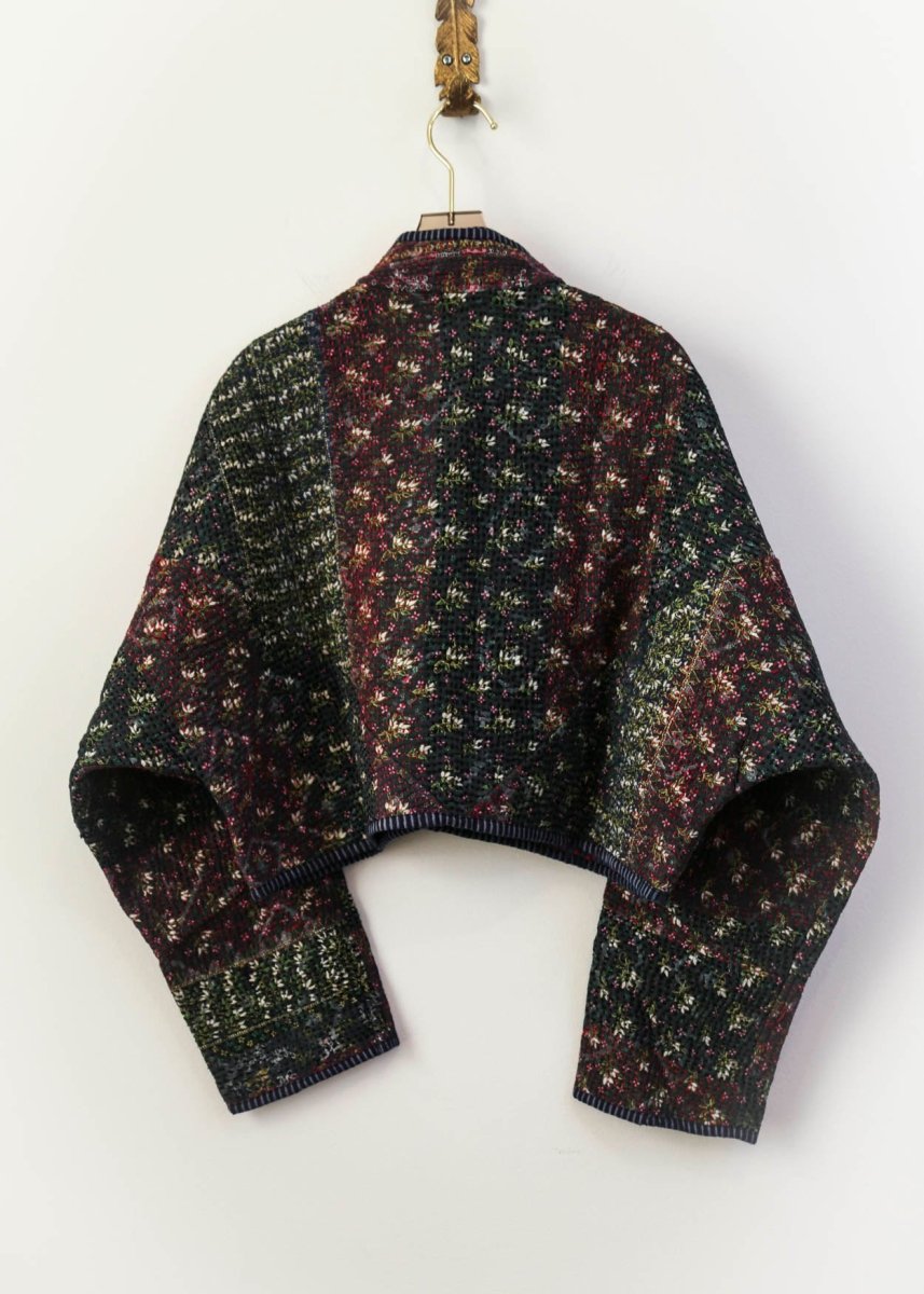 Reversible Kaira Quilted Cropped Jacket in Colors White and Grey Floral with Contrast Stitching & Midnight Blue with Red and Black - Made X Hudson