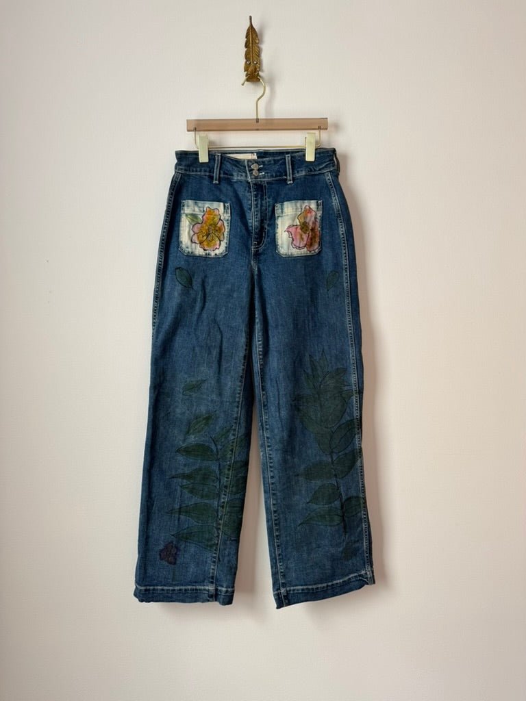 Pink Flower Pockets w/ Leaves Eco Printed & Hand Drawn Dark Denim Pants (Reworked) - Made X Hudson