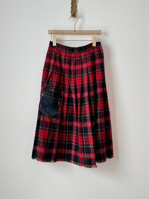 Red Plaid Midi Length Skirt w/ Denim Patch Pocket (Reworked) - Made X Hudson