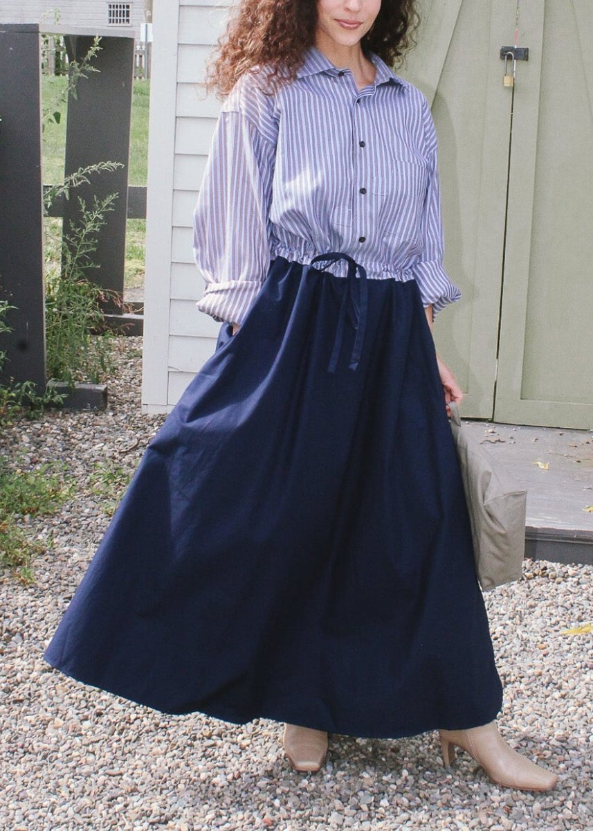 Lucius Shirt Dress in Blue and Brown Stripe with Navy Skirt (Reworked) - Made X Hudson
