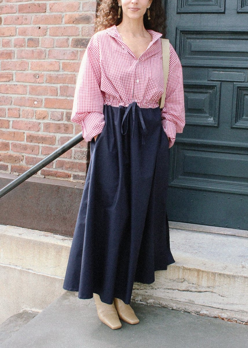 Lucius Shirt Dress in Cherry Red Gingham with Navy Skirt (Reworked) - Made X Hudson