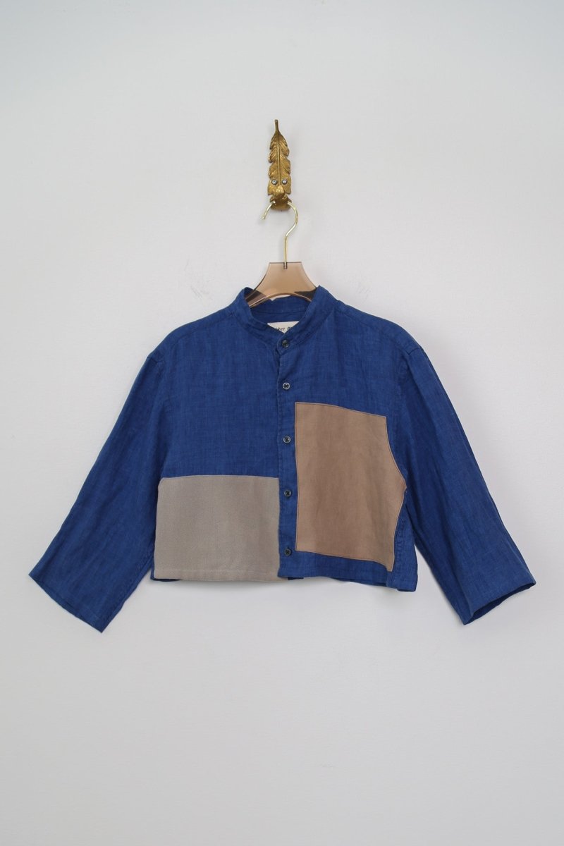 Cobalt and Beige | Color Block Cropped Button Down (Reworked) - Made X Hudson