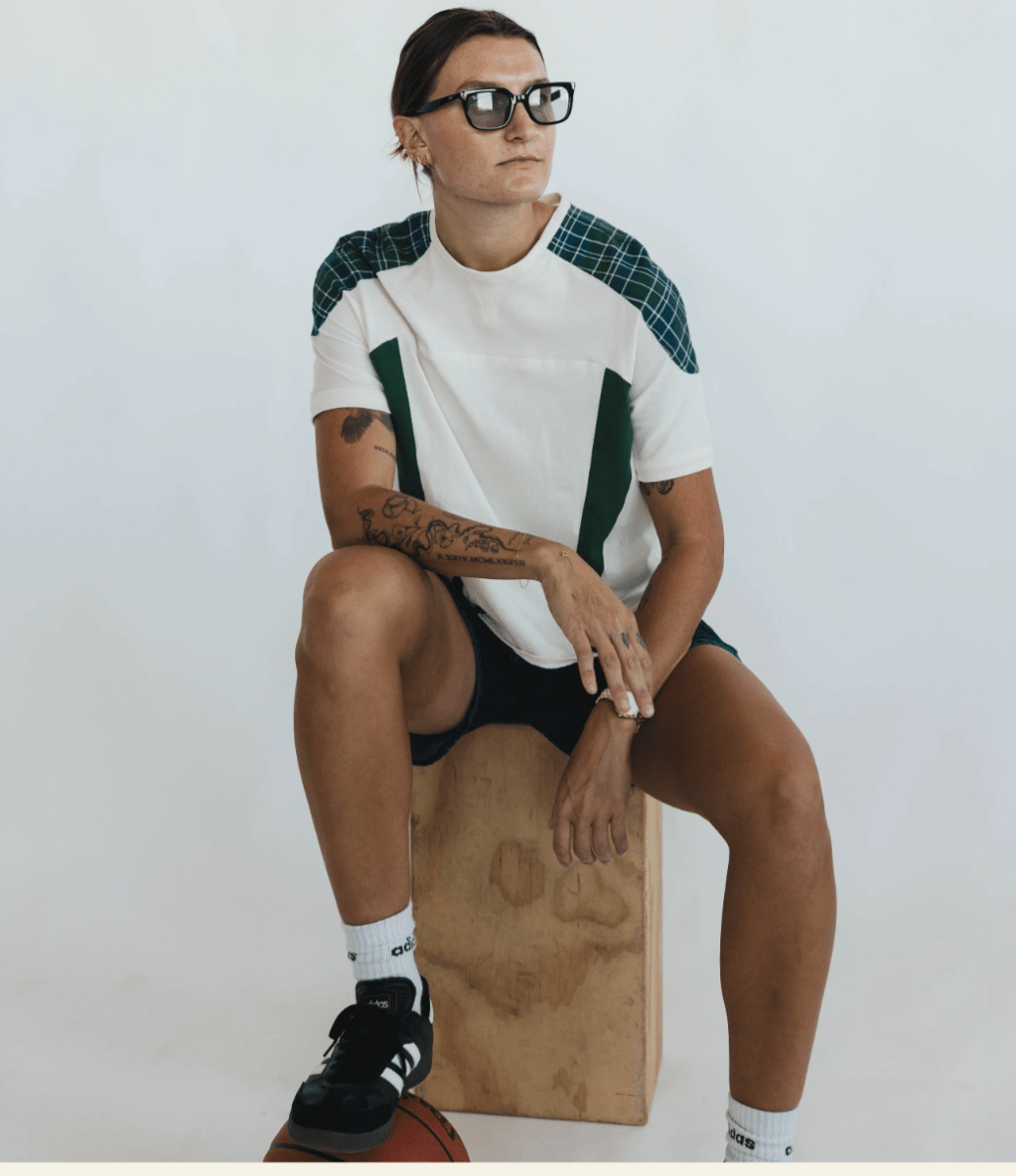 Beige Jersey T-Shirt | Color Blocked with Plaid Shoulder - Made X Hudson