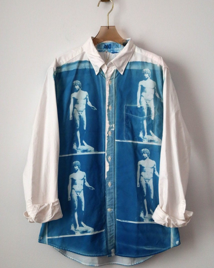 Statue of David Blue Cyanotype over White Button-Up Shirt (Reworked) - Made X Hudson
