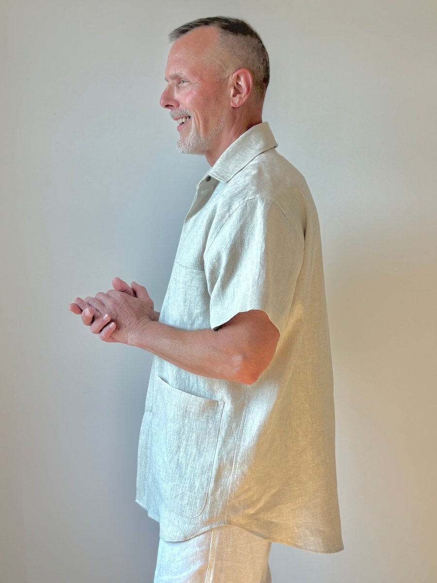 Utility Short Sleeve Shirt Snap Up in Natural Linen with Patch Pockets - Made X Hudson