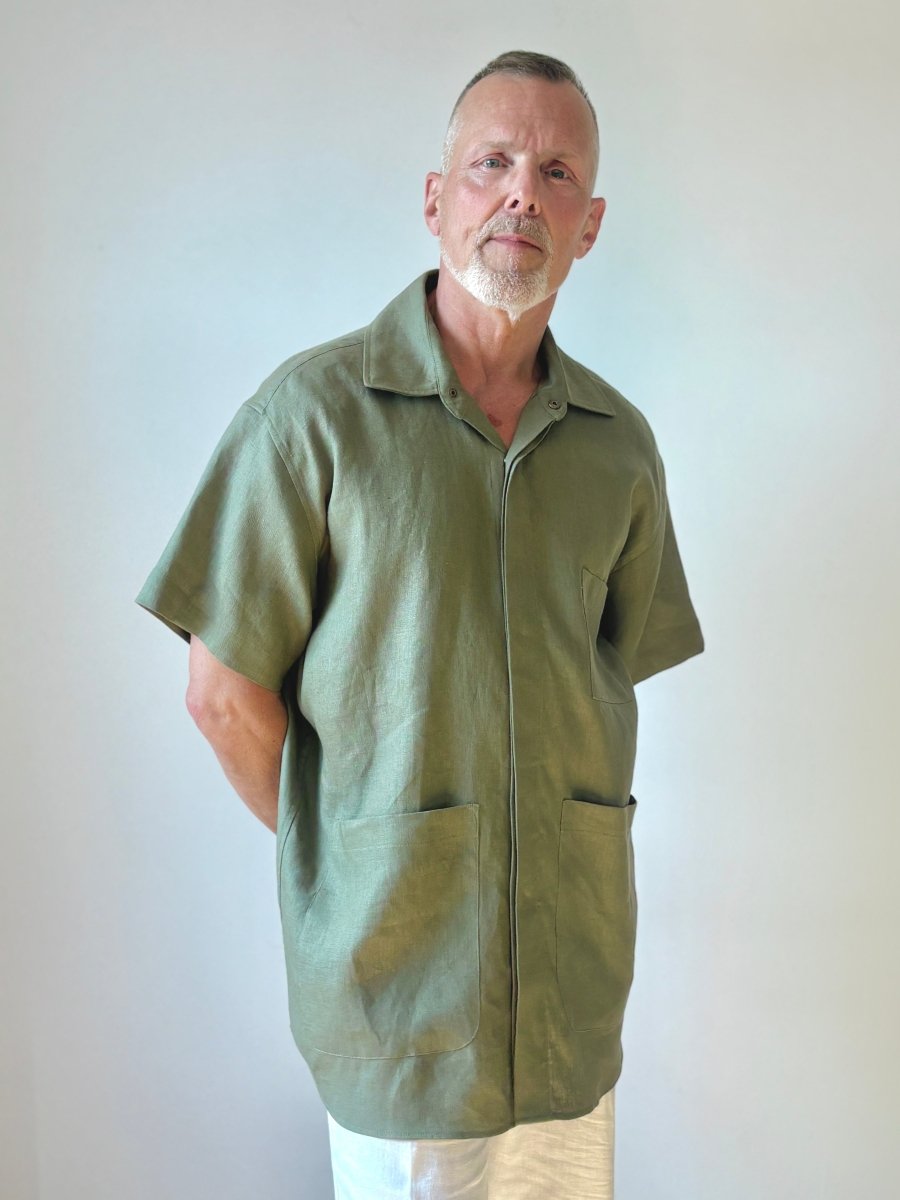 Utility Short Sleeve Shirt Snap Up in Herb Green Linen with Patch Pockets - Made X Hudson