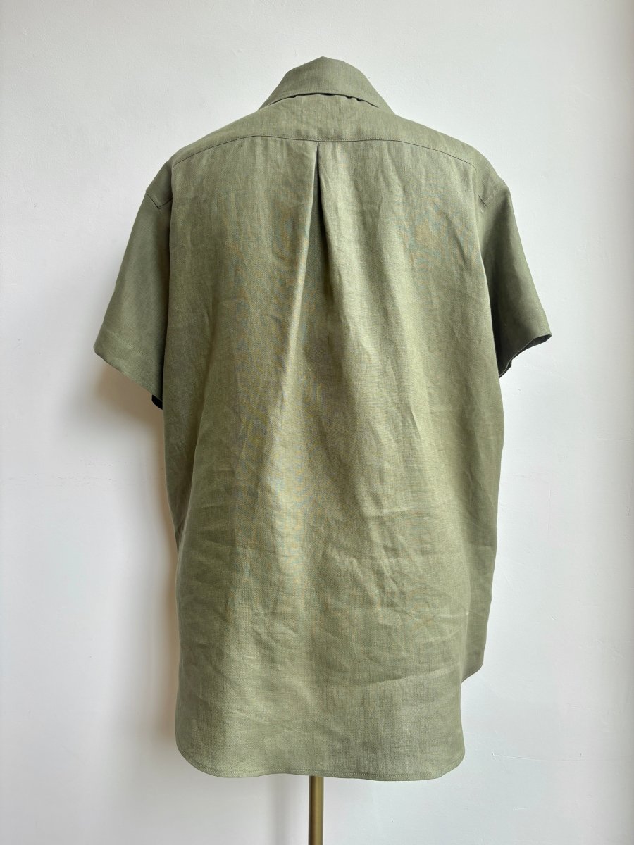 Utility Short Sleeve Shirt Snap Up in Herb Green Linen with Patch Pockets - Made X Hudson