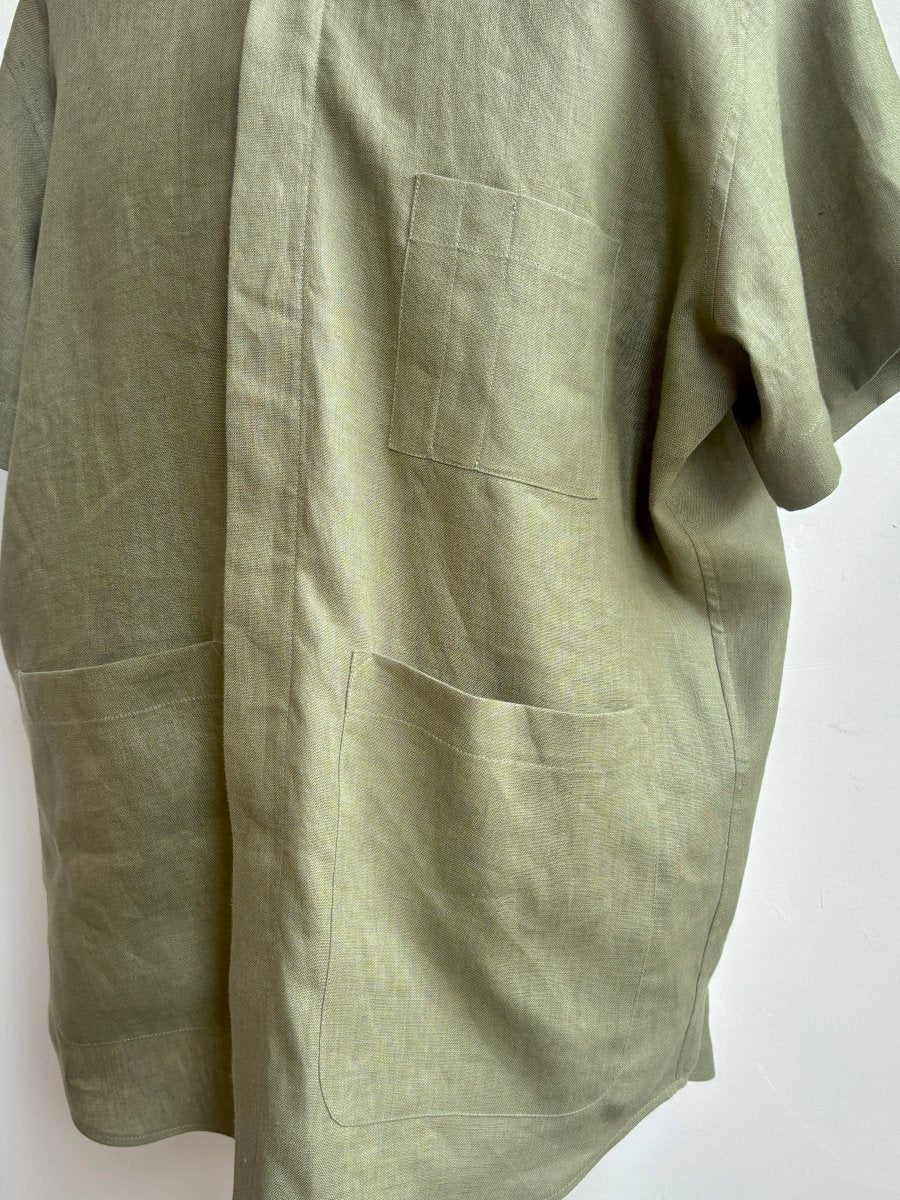 Utility Short Sleeve Shirt Snap Up in Herb Green Linen with Patch Pockets - Made X Hudson