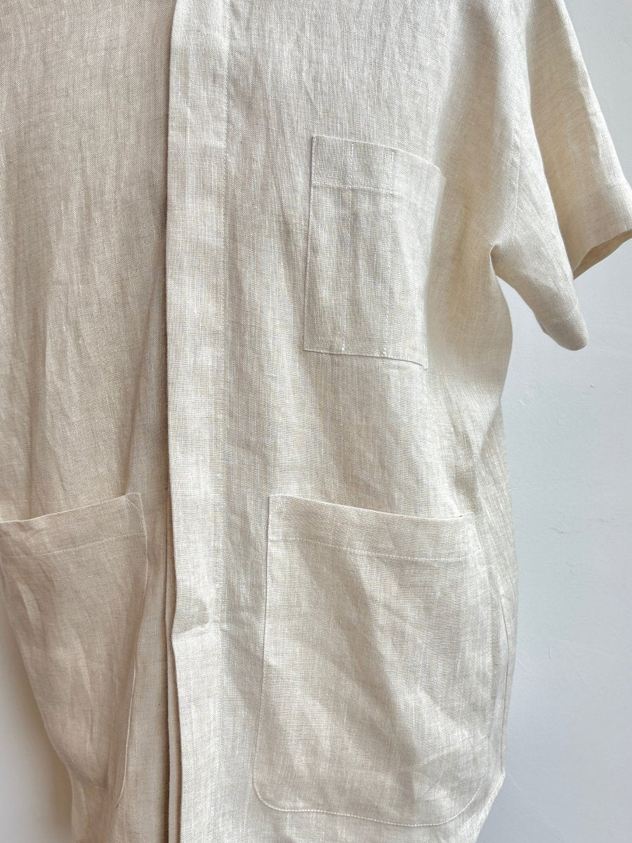 Utility Short Sleeve Shirt Snap Up in Natural Linen with Patch Pockets - Made X Hudson