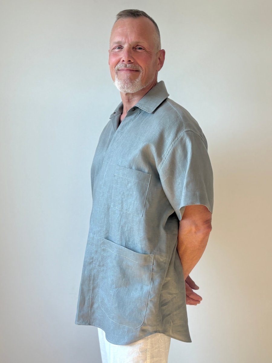 Utility Short Sleeve Shirt Snap Up in Pale Slate Grey Linen with Patch Pockets - Made X Hudson