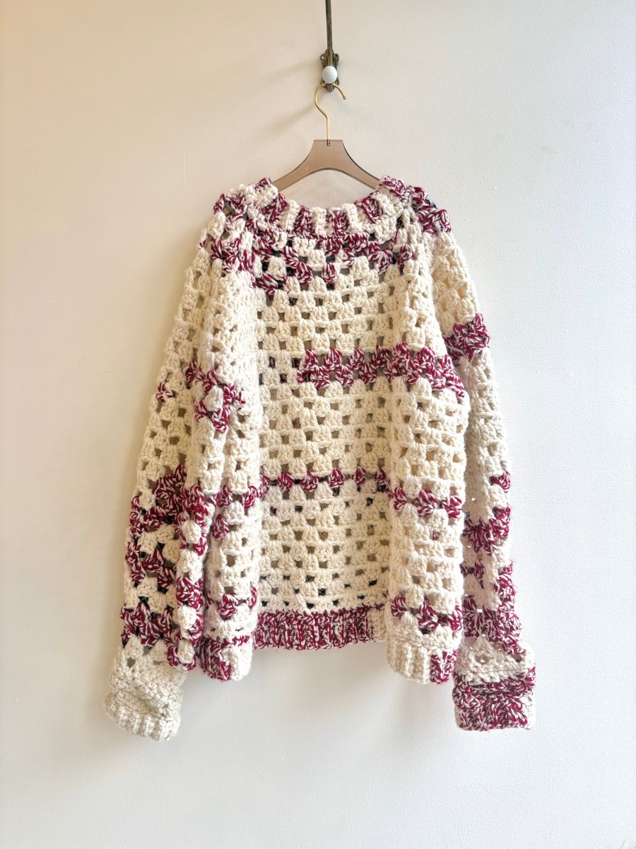 Wool Hand Crochet Red & Cream Sweater - Made X Hudson