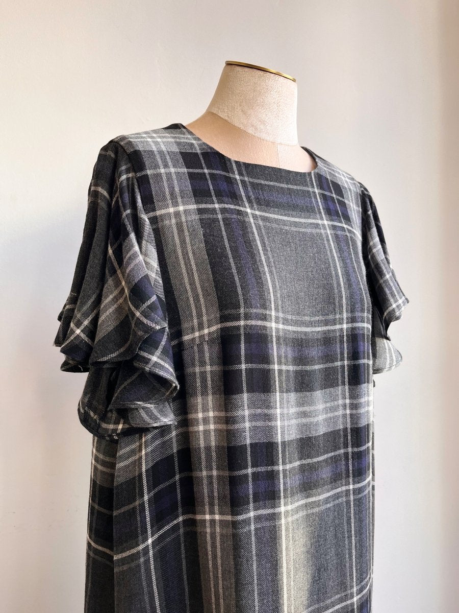 Black, Blue, and Grey Plaid Chore Dress with Flutter Sleeve - Made X Hudson