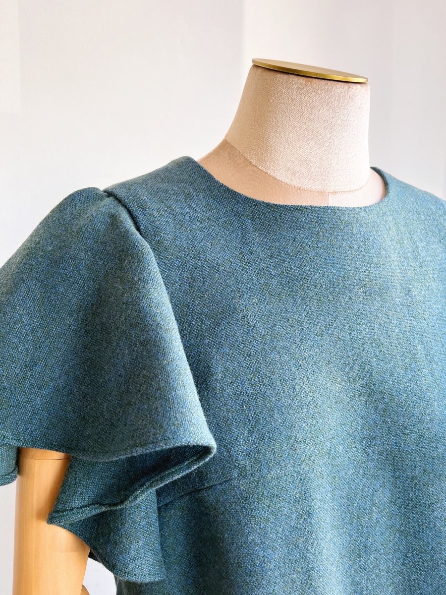 Pale Blue/Green Woven Fabric Chore Dress w/ Flutter Sleeve - Made X Hudson