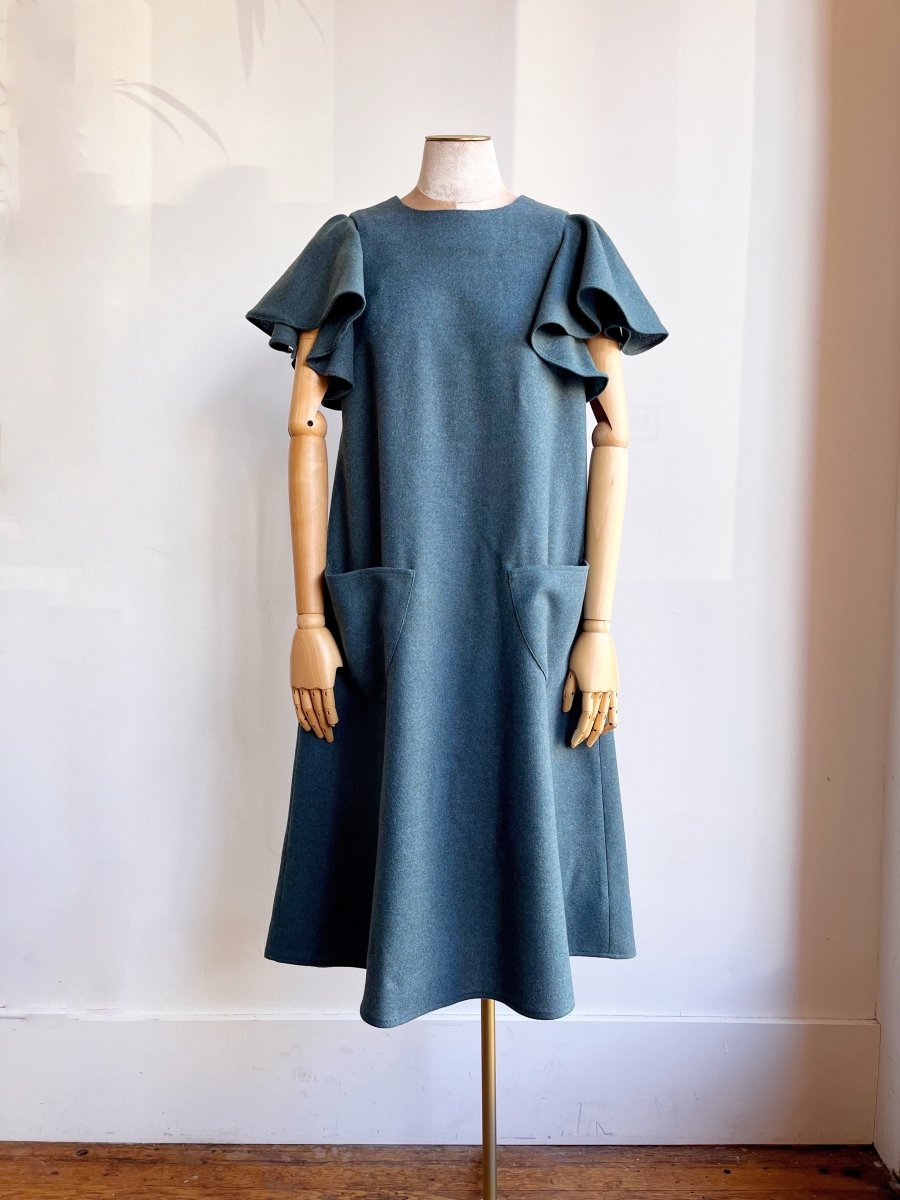 Pale Blue/Green Woven Fabric Chore Dress w/ Flutter Sleeve - Made X Hudson