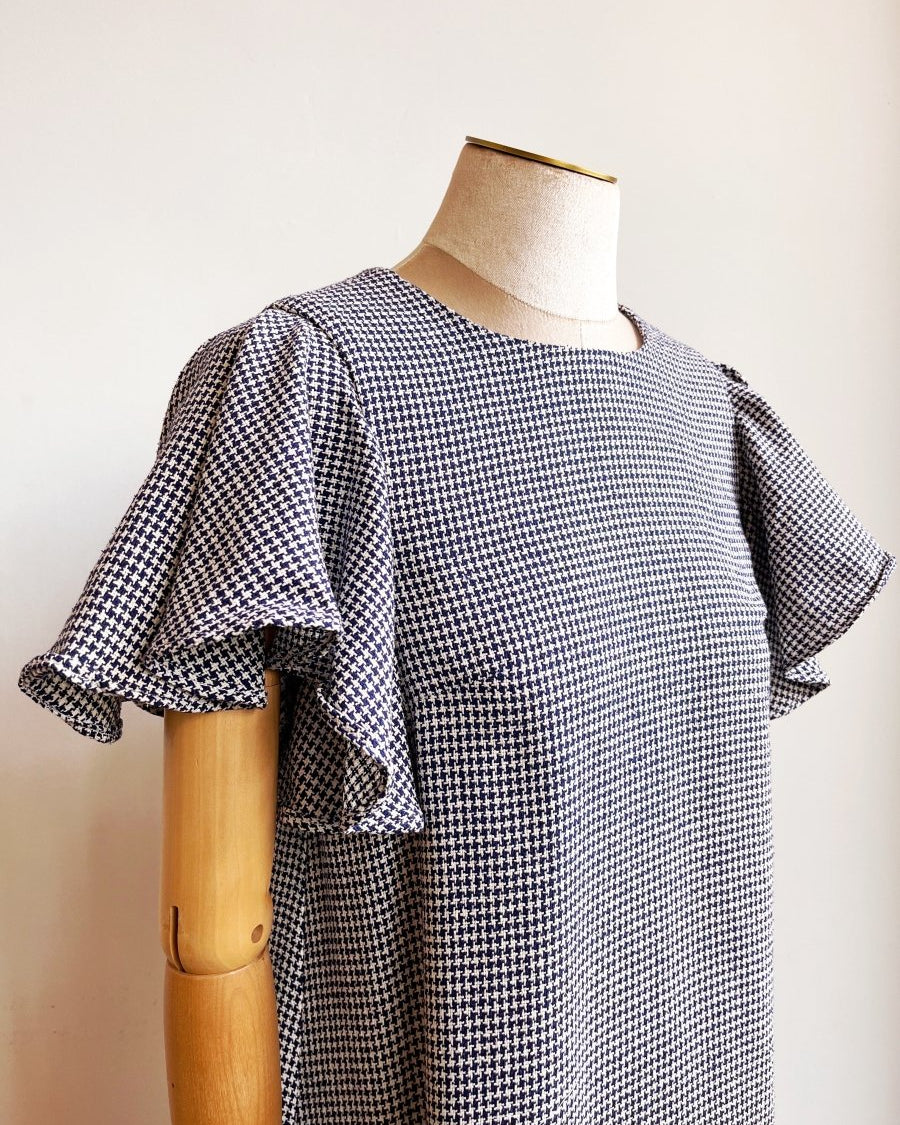 Blue and White Houndstooth Wool Chore Dress with Flutter Sleeve - Made X Hudson