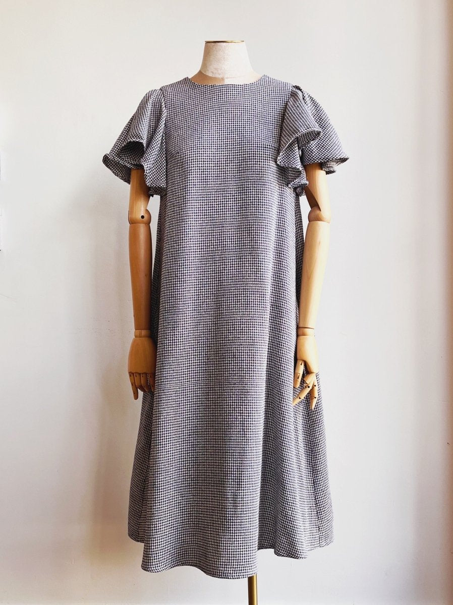 Blue and White Houndstooth Wool Chore Dress with Flutter Sleeve - Made X Hudson