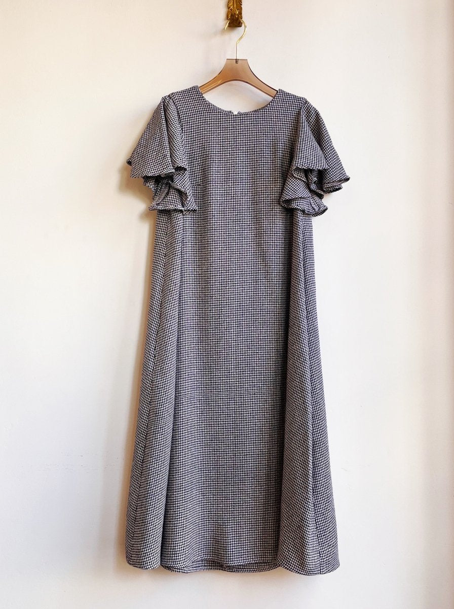 Blue and White Houndstooth Wool Chore Dress with Flutter Sleeve - Made X Hudson