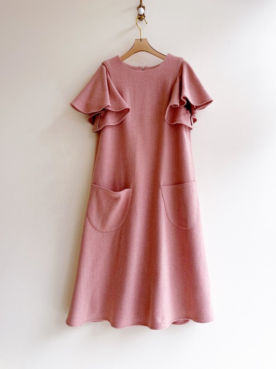 Blush Wool Chore Dress with Flutter Sleeve and Patch Pockets - Made X Hudson