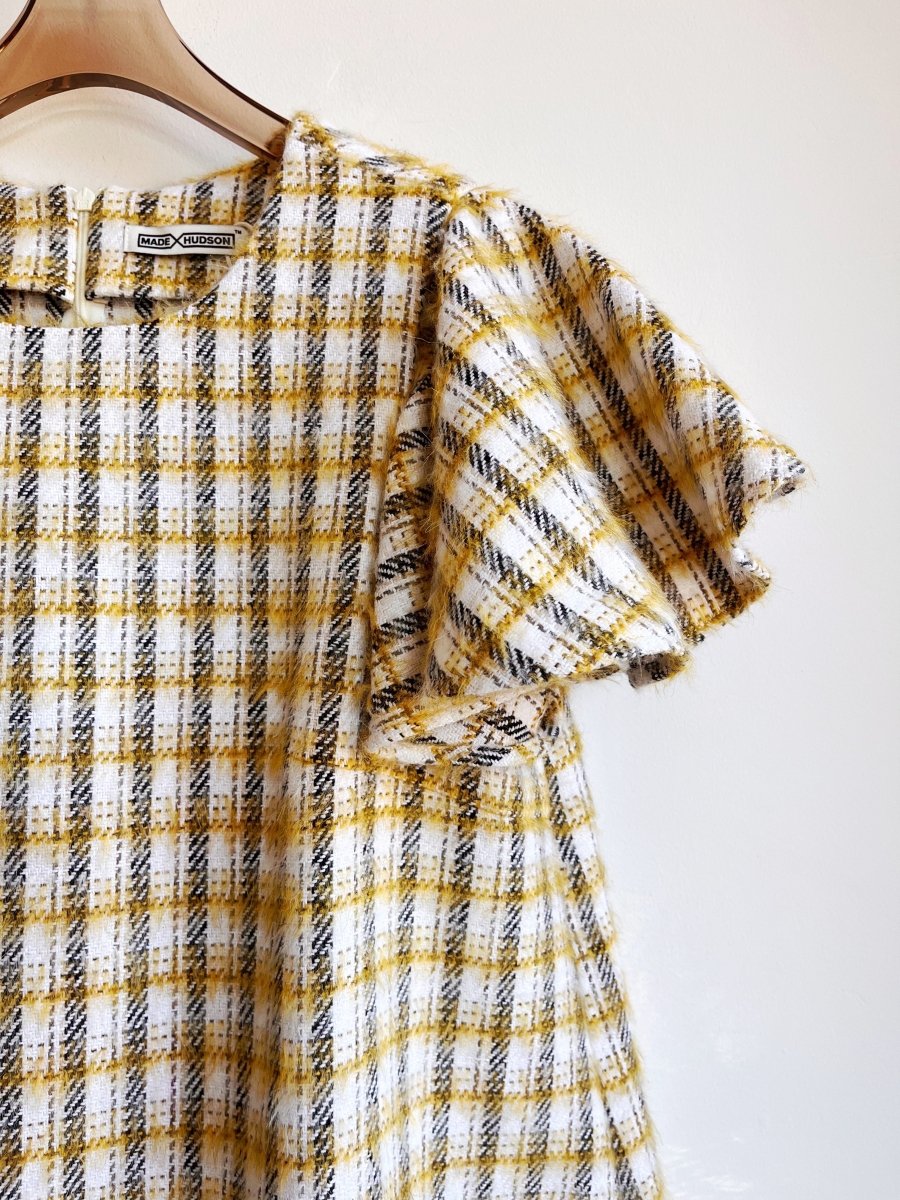 White, Gold, and Black Plaid Fuzzy Chore Dress with Flutter Sleeve - Made X Hudson