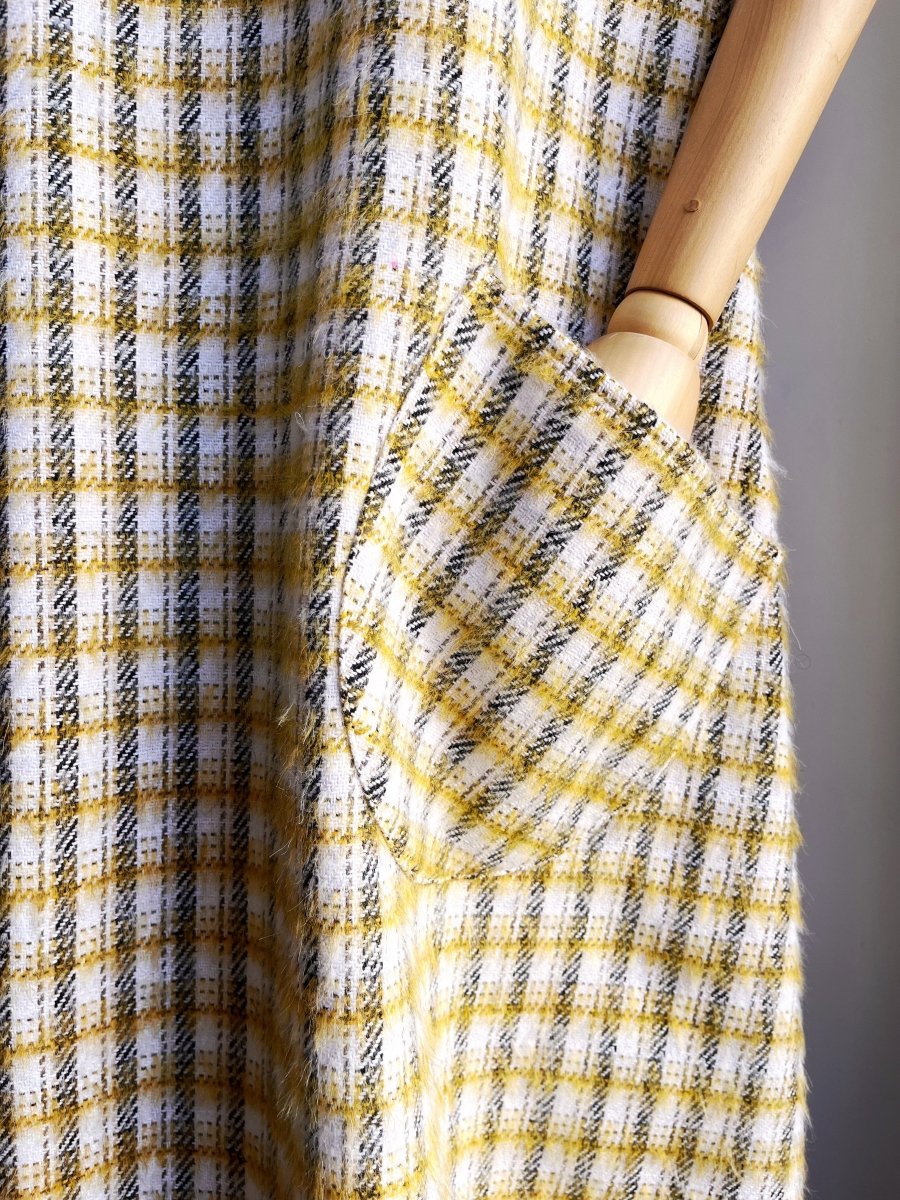 White, Gold, and Black Plaid Fuzzy Chore Dress with Flutter Sleeve - Made X Hudson