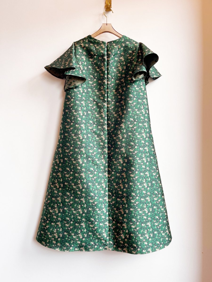 Emerald Floral Silk Brocade Chore Dress w/ Flutter Sleeve - Made X Hudson