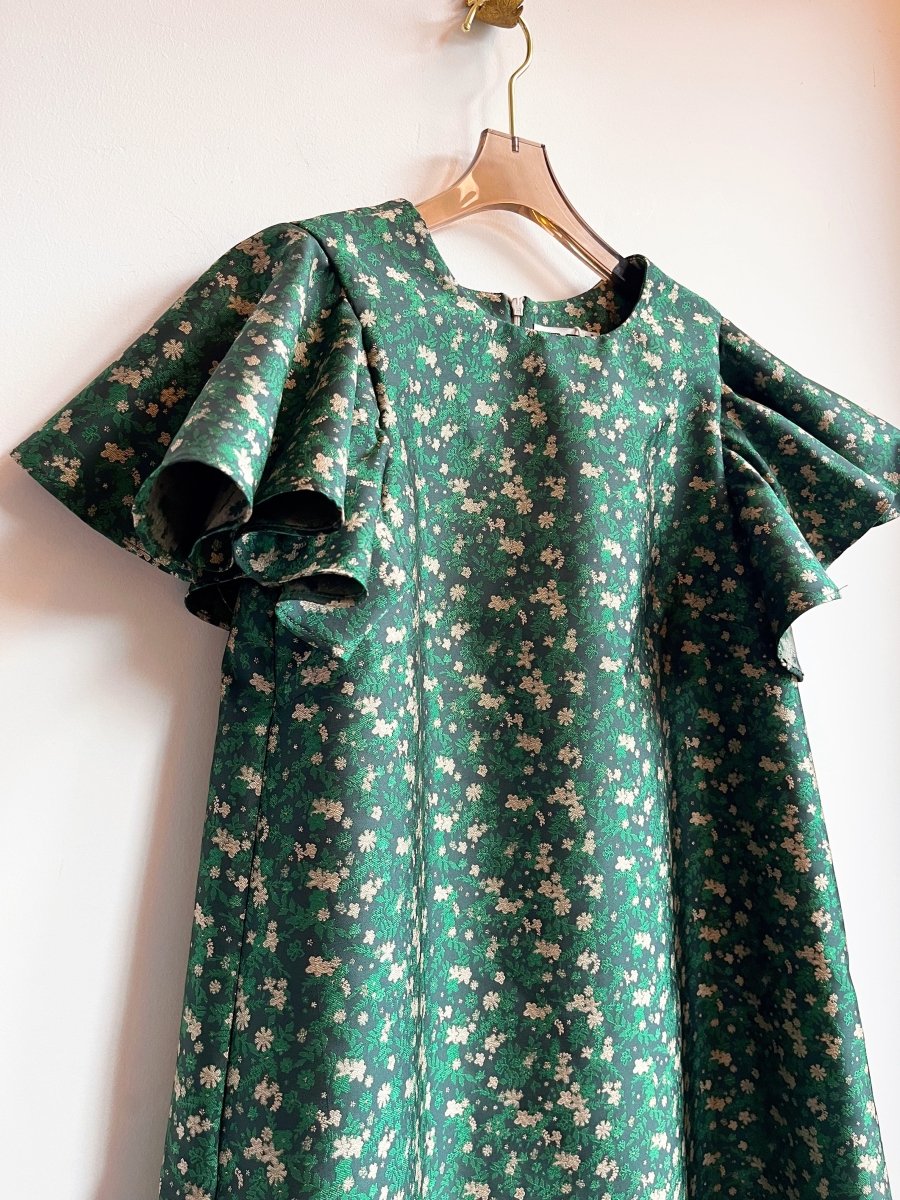 Emerald Floral Silk Brocade Chore Dress w/ Flutter Sleeve - Made X Hudson