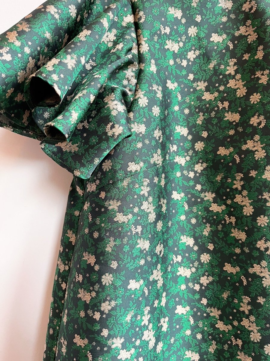 Emerald Floral Silk Brocade Chore Dress w/ Flutter Sleeve - Made X Hudson