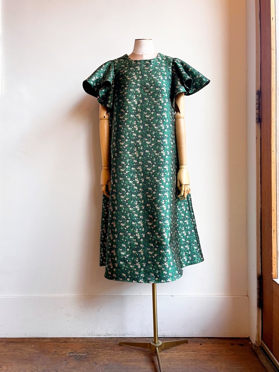 Emerald Floral Silk Brocade Chore Dress w/ Flutter Sleeve - Made X Hudson