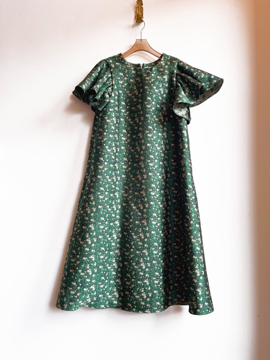 Emerald Floral Silk Brocade Chore Dress w/ Flutter Sleeve - Made X Hudson