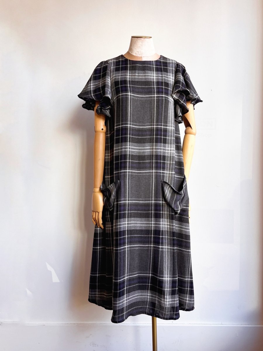 Black, Blue, and Grey Plaid Chore Dress with Flutter Sleeve and Patch Pockets - Made X Hudson