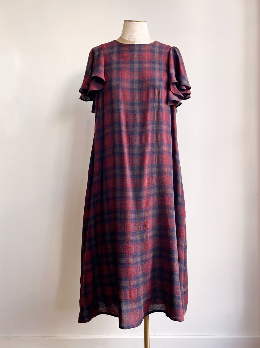 Red and Navy Plaid Chore Dress w/ Flutter Sleeve - Made X Hudson