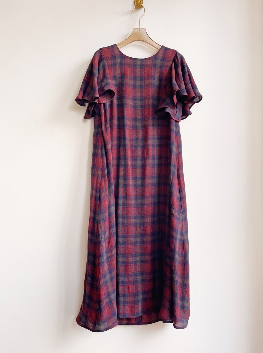 Red and Navy Plaid Chore Dress w/ Flutter Sleeve - Made X Hudson