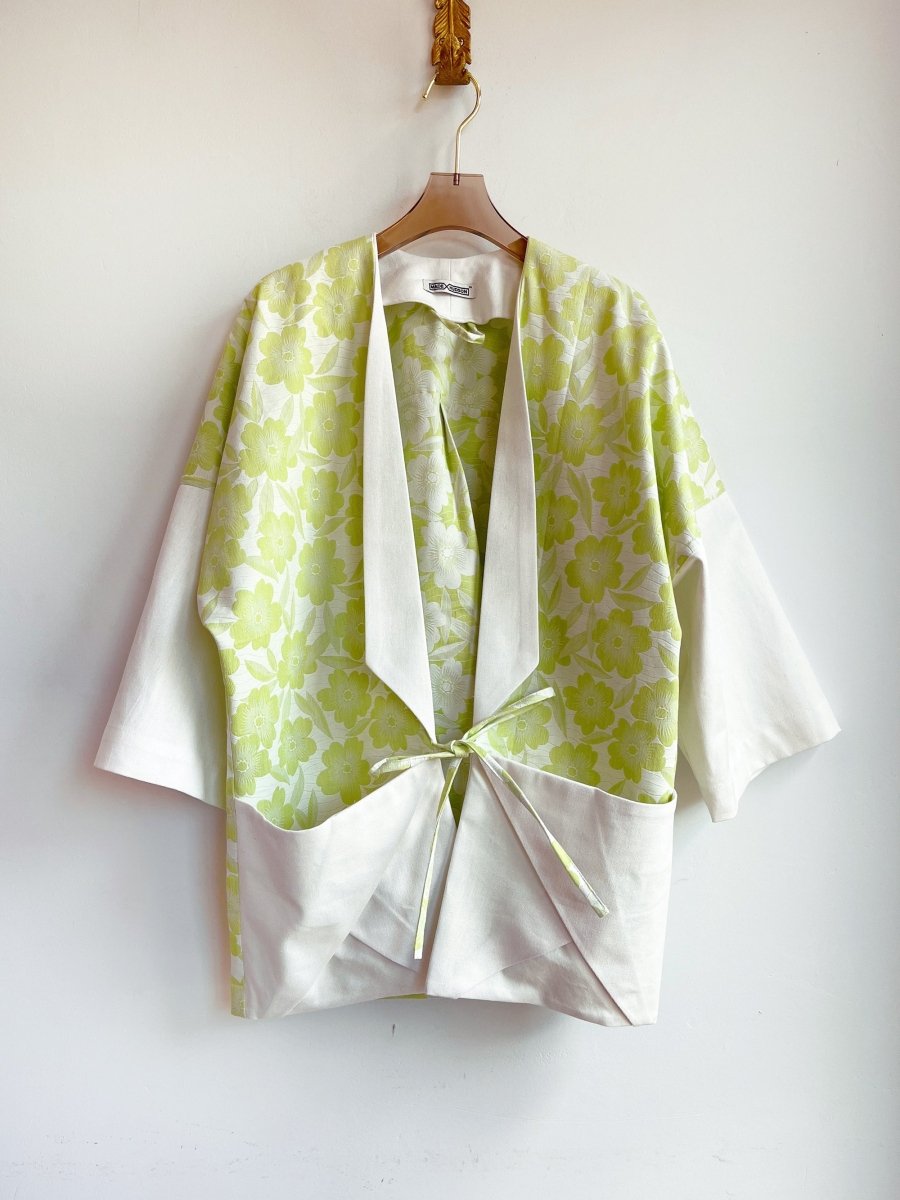 White Cotton Canvas & Lime Flower Print Chore Jacket - Made X Hudson
