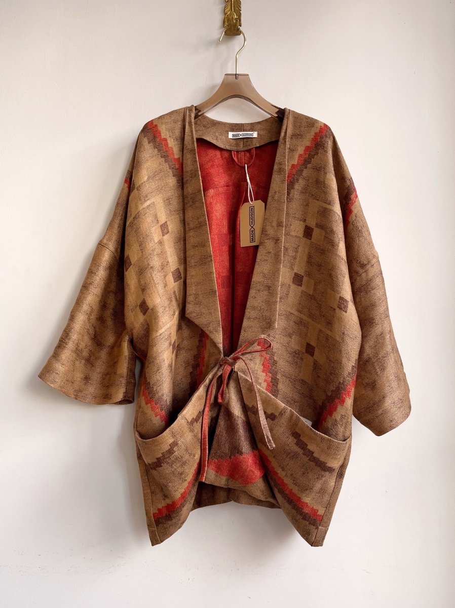 Tan, Brown, Orange Linen Santa Fe Print Chore Jacket - Made X Hudson