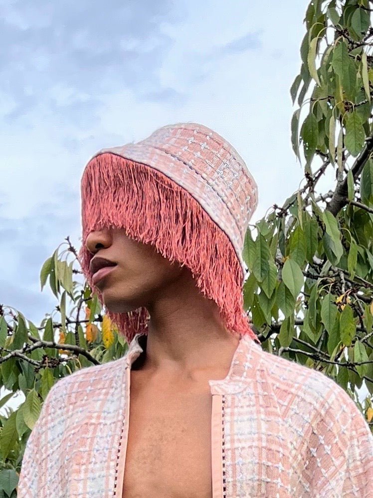 Blush Wool Tweed Bucket Hat with Crystal Trim & Fringe Accent - Made X Hudson