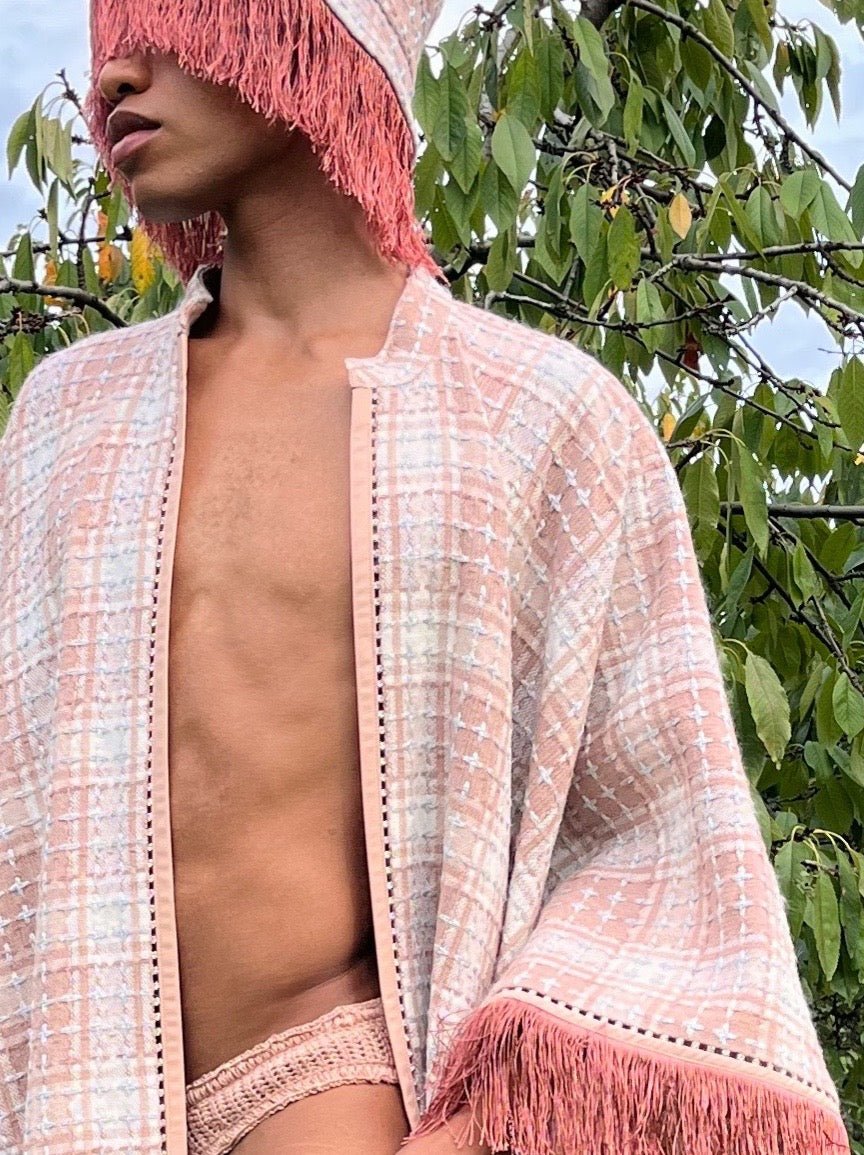 Blush Wool Tweed Cape with Crystal & Silk Fringe Accent - Made X Hudson