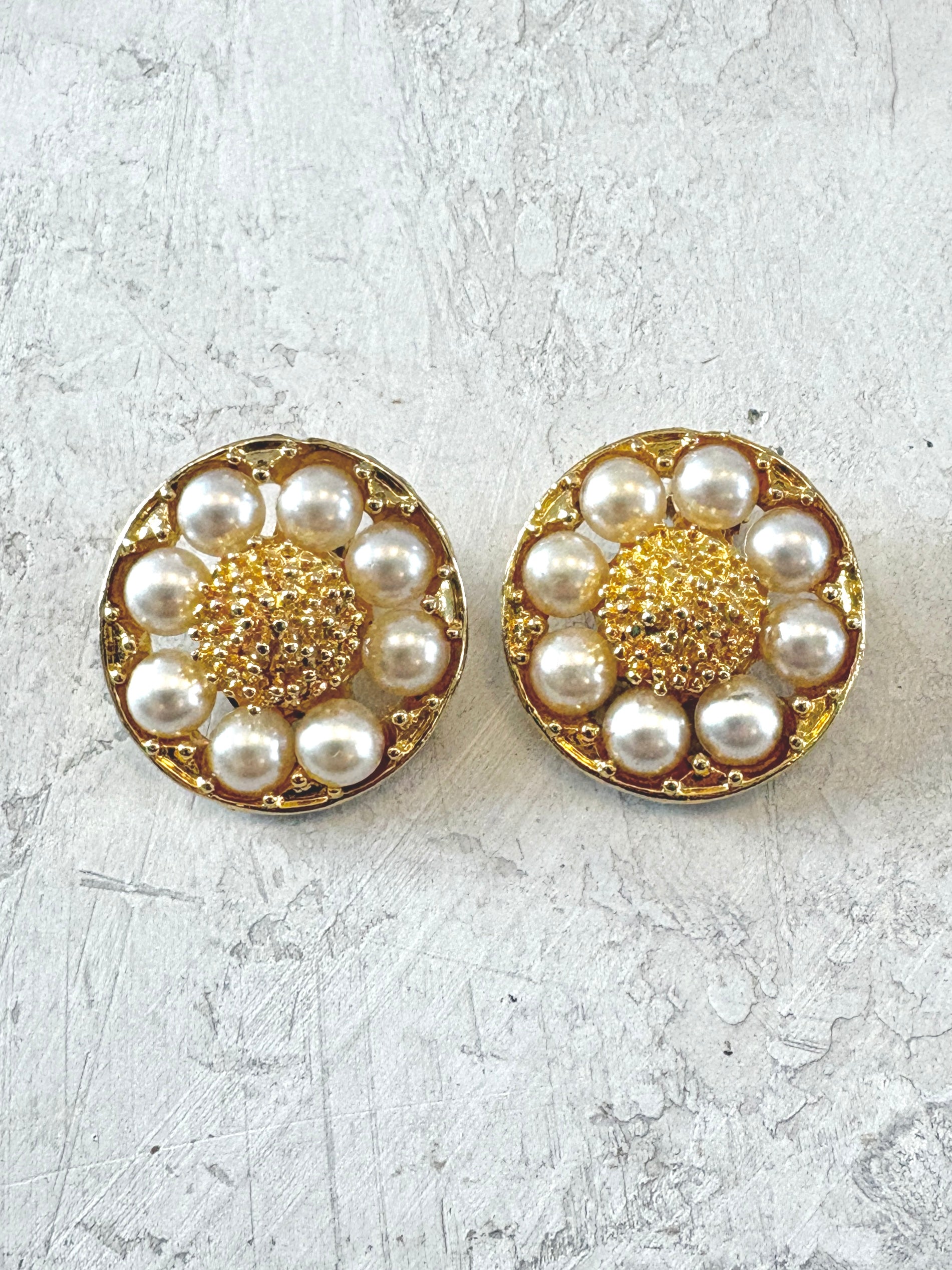 Image of gold medallion earrings with pearls