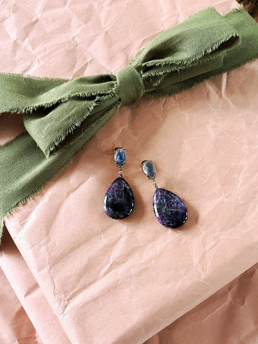 14K Gold Rainbow Moonstone & Charoite Drop Earrings with 16K Diamonds - Made X Hudson