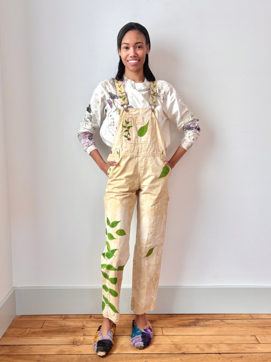 Walnut Dyed Overalls with Green Vines Hand Painted (Reworked) - Made X Hudson