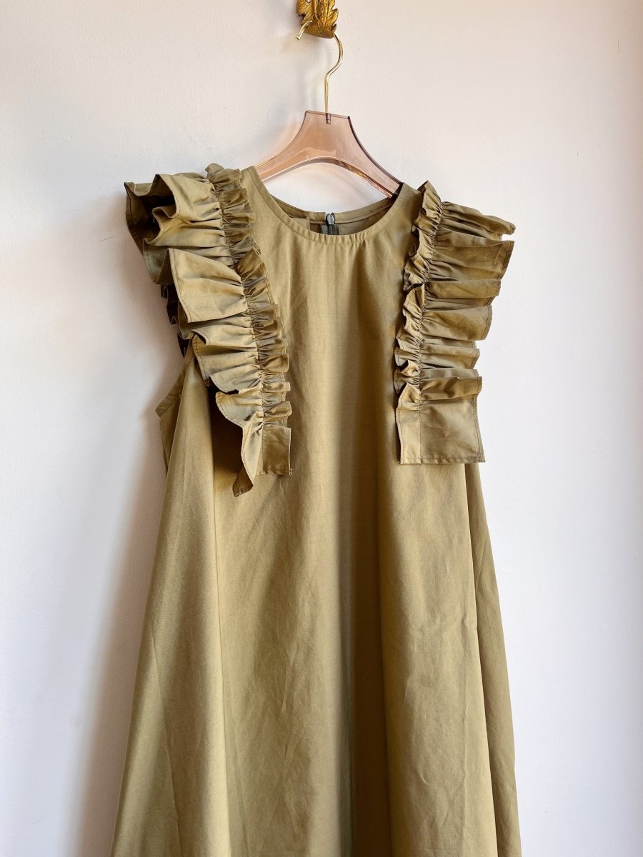 Olive Green Sleeveless Cotton Aria Ruffle Dress w/ Belt - Made X Hudson